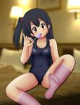  1girl bare_shoulders bed blush brown_eyes child collarbone feet female indoors kitashirakawa_anko licking lollipop long_hair looking_at_viewer naganohara_nisu one-piece_swimsuit pillow pink_legwear side_ponytail sitting socks solo swimsuit tamako_market tongue tongue_out 