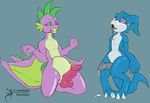  2016 anthro arashidrgn balls claws digimon dragon drooling erection friendship_is_magic horn hypnosis male mind_control my_little_pony nude open_mouth penis saliva scalie simple_background spike_(mlp) spiral_eyes tongue tongue_out veemon 