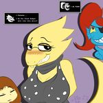  2016 alphys anthro big_breasts blush breasts clothed clothing digital_media_(artwork) english_text eye_patch eyelashes eyewear female glasses hair hi_res human lizard mammal marine milkteafox protagonist_(undertale) red_hair reptile scalie simple_background smile standing text undertale undyne video_games 