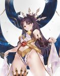  arm_warmers ass_visible_through_thighs bangs bare_shoulders black_hair black_ribbon breasts closed_mouth cowboy_shot crown earrings fate/grand_order fate_(series) hair_ribbon heavenly_boat_maanna highres holding hoop_earrings ishtar_(fate/grand_order) jewelry legs_apart long_hair navel navel_cutout parted_bangs red_eyes ribbon shiny shiny_skin small_breasts smile standing stomach thigh_strap thighs tokopi twintails 