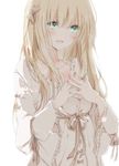  bangs blonde_hair bow green_eyes hair_bow hiro_(hirohiro31) long_hair looking_at_viewer open_mouth original ribbon simple_background solo tied_sleeves white_background wide_sleeves 