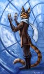  2016 5_fingers anthro cat clothed clothing day detailed_background eyewear feline flashw fur goggles male mammal smile solo standing tan_fur yellow_eyes 