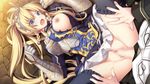 1girl armor beads black_legwear blonde_hair blue_eyes blush braid breasts broken_armor censored estelle_valhelmia game_cg gauntlets hair_beads hair_ornament hetero himegari_dungeon_meister large_breasts long_hair looking_at_viewer lying mosaic_censoring nipples on_back on_floor one_breast_out open_mouth penis plate_armor rape sex solo_focus spread_legs torn_clothes twin_braids vaginal yakuri 