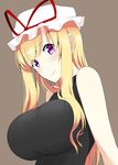  alternate_costume bare_shoulders black_shirt blonde_hair breasts commentary_request eyebrows_visible_through_hair from_below hat impossible_clothes large_breasts lips long_hair mattari_yufi mob_cap purple_eyes shirt sidelocks simple_background sleeveless sleeveless_shirt smile solo touhou upper_body wavy_hair yakumo_yukari 
