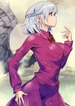 bow bowtie braid breasts commentary_request contrapposto dress eyebrows_visible_through_hair french_braid highres impossible_clothes impossible_shirt kishin_sagume large_breasts long_sleeves no_jacket purple_dress red_eyes shirt silver_hair single_wing solo standing touhou umigarasu_(kitsune1963) wings 