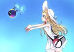  bag blonde_hair braid cosmog dress duffel_bag from_side gen_7_pokemon green_eyes hat highres lillie_(pokemon) long_hair outstretched_arms panndahero pokemon pokemon_(creature) pokemon_(game) pokemon_sm see-through sleeveless sleeveless_dress sun_hat twin_braids white_dress white_hat 