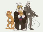  animated_skeleton asgore_dreemurr beard bone boss_monster burgerpants caprine cat clothing death_stranding eyewear facial_hair feline fur gaster glasses goat group hat horn human jewelry long_ears mammal necklace protagonist_(undertale) simple_background skeleton suit undead undertale video_games white_background white_fur 