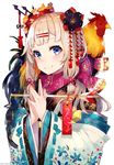  arrow artist_name bird blonde_hair blue_eyes blush chicken chinese_zodiac commentary_request floral_print flower hair_flower hair_ornament hair_ribbon hairclip hamaya hands_together holding_arrow japanese_clothes kanzashi kimono long_sleeves looking_at_viewer low_twintails mika_pikazo new_year obi original ribbon rooster sash scarf signature smile solo tress_ribbon tsumami_kanzashi twintails upper_body white_background wide_sleeves year_of_the_rooster 