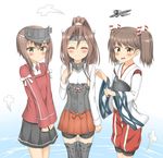  brown_hair cosplay costume_switch flat_chest hair_ribbon highres japanese_clothes kantai_collection kariginu long_sleeves multiple_girls muneate nedia_(nedia_region) ponytail ribbon ryuujou_(kantai_collection) ryuujou_(kantai_collection)_(cosplay) taihou_(kantai_collection) taihou_(kantai_collection)_(cosplay) trait_connection twintails visor_cap zuihou_(kantai_collection) zuihou_(kantai_collection)_(cosplay) 