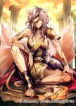  animal_ears arm_guards armlet armor company_connection copyright_name eyepatch fire_emblem fire_emblem:_akatsuki_no_megami fire_emblem_cipher long_hair looking_at_viewer nagahama_megumi nailah official_art outdoors purple_hair sandals serious shoulder_armor sitting solo sunset tail tattoo toeless_legwear wolf_ears wolf_tail 