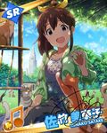  blue_eyes blush brown_hair cats character_name dress happy idolmaster idolmaster_million_live! long_hair pontail satake_minako sky tree 