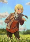  2016 alternate_costume blonde_hair blue_eyes blurry casual cloud dated day depth_of_field erica_hartmann field grass grin highres jacket kanokoga leaning_forward looking_at_viewer mouth_hold pants power_lines scarf short_hair signature sketch sky smile solo strike_witches winter_clothes world_witches_series 