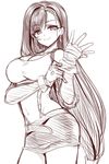  adjusting_clothes adjusting_gloves bad_source breasts earrings final_fantasy final_fantasy_vii fingerless_gloves gan_(shanimuni) gloves highres jewelry large_breasts long_hair looking_at_viewer midriff miniskirt monochrome simple_background skirt smile solo tifa_lockhart 