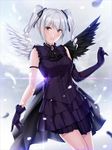 angel_wings bare_shoulders diffraction_spikes dress drill_hair elbow_gloves feathers gloves highres idolmaster idolmaster_cinderella_girls kanzaki_ranko long_hair looking_at_viewer md5_mismatch nayuta69 open_mouth red_eyes rosenburg_engel silver_hair smile solo twin_drills twintails wings 