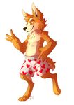  barefoot canine clothed clothing corgi digitigrade dog heart_boxers hornedfreak looking_at_viewer male mammal signature smile solo topless walking waving 