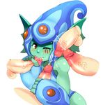  1girl bandai cum digimon female gloves handjob looking_at_viewer masturbation monster_girl one-piece_swimsuit oral penis ranamon red_eyes smile swimsuit testicles wink 