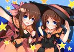  black_hat blue_eyes breasts brown_hair cleavage eyebrows_visible_through_hair hair_ornament hairclip halloween_costume hand_on_hip hat long_hair looking_at_viewer medium_breasts multiple_girls nerv110 open_mouth original short_hair siblings smile star twins witch_hat 