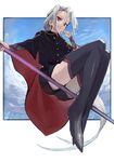  &gt;:) bad_id bad_pixiv_id black_legwear broom broom_riding cape character_request commentary epaulettes full_body legs_together long_hair looking_at_viewer military military_uniform mingah outside_border parted_lips pink_eyes short_shorts shorts shuumatsu_no_izetta sidesaddle silver_hair smile solo sophie_(shuumatsu_no_izetta) thighhighs tsurime uniform v-shaped_eyebrows very_long_hair 