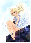  animal ankle_ribbon anklet bare_legs barefoot black_cat blonde_hair blue_eyes blush cat commentary_request dress earrings hair_ornament highres jewelry kazeno long_hair looking_at_viewer necklace open_mouth original ribbon sitting smile solo white_dress 
