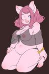  2016 anthro areola big_eyes blue_eyes bracelet breasts brown_background clothing cloven_hooves female front_view hair hooves jewelry kemono kneeling lingerie looking_at_viewer mammal navel nipples one_eye_closed pig pink_areola pink_hair pink_nipples pink_nose pink_skin porcine powderkona signature simple_background slightly_chubby smile snout solo translucent 
