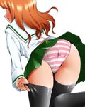  ass black_legwear blush dr_rex girls_und_panzer green_skirt long_hair long_sleeves miniskirt ooarai_school_uniform orange_hair panties pantyshot pleated_skirt school_uniform serafuku simple_background skirt smile solo striped striped_panties takebe_saori thighhighs underwear white_background 