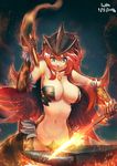  2016 anvil arm_up armpits artist_name bangs bare_shoulders black_background blacksmith blue_eyes breasts cleavage cowboy_shot dated dragon_girl dragon_tail eyebrows_visible_through_hair fire gem glowing groin hair_between_eyes hammer holding ilothe large_breasts long_hair looking_down lutherniel monster_girl motion_blur navel original red_hair scales signature solo sparks stomach tail very_long_hair 