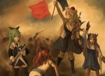  age_progression asakaze_(kantai_collection) bangs blonde_hair blue_hair blue_ribbon brown_hair commandant_teste_(kantai_collection) commentary_request fine_art_parody french_flag green_hair hair_ornament japanese_clothes k_jie kantai_collection liberty_leading_the_people meiji_schoolgirl_uniform multicolored_hair multiple_girls parody ribbon saratoga_(kantai_collection) statue_of_liberty torpedo twintails weapon yamakaze_(kantai_collection) 