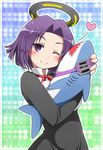  blush cosplay earth_ekami eyepatch heart hug kantai_collection looking_at_viewer mechanical_halo object_hug one_eye_closed purple_eyes purple_hair sharp_teeth short_hair smile solo stuffed_animal stuffed_shark stuffed_toy tatsuta_(kantai_collection) teeth tenryuu_(kantai_collection) tenryuu_(kantai_collection)_(cosplay) 