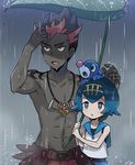  1girl animal animal_on_head black_hair blue_eyes blue_hair blue_sailor_collar bright_pupils commentary_request dark_skin dark_skinned_male gen_7_pokemon hairband jewelry kaki_(pokemon) leaf leaf_umbrella multicolored_hair on_head one-piece_swimsuit open_mouth pokemon pokemon_(creature) pokemon_(game) pokemon_on_head pokemon_sm popplio rain sailor_collar shinonoko_(tubamecider) short_hair suiren_(pokemon) swimsuit swimsuit_under_clothes trial_captain two-tone_hair 