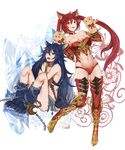  animal_ears armor bare_shoulders bikini_armor blue_hair bound cerberus_(shingeki_no_bahamut) chain fangs fenrir_(shingeki_no_bahamut) granblue_fantasy hand_puppet long_hair moshoko_(mizuneroku) multiple_girls navel open_mouth paws puppet red_eyes red_hair shingeki_no_bahamut tail thighhighs twintails very_long_hair white_background wolf_ears wolf_tail 