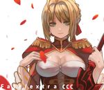  ahoge bad_id bad_pixiv_id blonde_hair breasts cleavage copyright_name epaulettes fate/extra fate/extra_ccc fate_(series) green_eyes large_breasts mizu_(dl7613) nero_claudius_(fate) nero_claudius_(fate)_(all) petals short_hair simple_background solo upper_body white_background 
