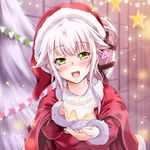  alternate_costume blurry blurry_background blush capelet christmas_ornaments christmas_tree coat eyebrows_visible_through_hair food foreshortening green_eyes hair_flaps hat heart kantai_collection long_hair long_sleeves looking_at_viewer open_mouth pink_hair ponytail red_coat santa_costume santa_hat solo tsukineko yura_(kantai_collection) 