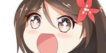  amagi_(kantai_collection) blush brown_eyes brown_hair eyebrows_visible_through_hair flower hair_between_eyes hair_flower hair_ornament kantai_collection long_hair looking_at_viewer nahaki open_mouth ponytail portrait simple_background solo sparkling_eyes symbol-shaped_pupils tongue 