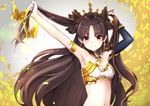  bare_shoulders breasts bug butterfly cleavage earrings fate/grand_order fate_(series) hoop_earrings insect ishtar_(fate/grand_order) jewelry long_hair looking_at_viewer outstretched_arm pilokey red_eyes small_breasts smile solo two_side_up 