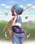  1girl ass blue_eyes blue_hair blue_pants blue_sailor_collar blue_sky blush cloud cloudy_sky commentary_request day directional_arrow disembodied_limb fishing_rod from_behind gen_7_pokemon hairband heart hetero highres holding holding_fishing_rod old_school_swimsuit outdoors pants pants_pull pokemon pokemon_(creature) pokemon_(game) pokemon_sm popplio sailor_collar school_swimsuit shirt short_hair sitouanang skin_tight sky sleeveless sleeveless_shirt solo_focus suiren_(pokemon) swimsuit swimsuit_under_clothes trial_captain 