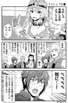  4boys adjusting_eyewear blush breasts cidney_aurum cleavage comic commentary final_fantasy final_fantasy_xv gladiolus_amicitia glasses gloves goggles goggles_around_neck greyscale ignis_scientia index_finger_raised monochrome multiple_boys noctis_lucis_caelum open_mouth prompto_argentum sleeveless spiked_hair sweat tire tomokichi translated 