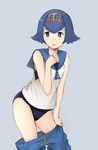  :o absurdres bad_id bad_pixiv_id bangs bare_arms bare_shoulders black_swimsuit blue_eyes blue_hair blue_pants blue_sailor_collar blush bright_pupils contrapposto crop_top grey_background hair_between_eyes hairband highres koretsuki_azuma looking_at_viewer one-piece_swimsuit open_mouth pants pants_pull pokemon pokemon_(game) pokemon_sm sailor_collar shirt shoes short_hair simple_background sleeveless sleeveless_shirt solo standing suiren_(pokemon) swimsuit swimsuit_under_clothes trial_captain undressing 