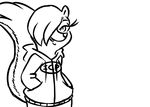 2016 anthro black_and_white clothed clothing crossgender disney english_text fan_character female hair hair_over_eye hands_in_pockets hoodie hugh_muskroura inkyfrog looking_at_viewer mammal monochrome simple_background skunk solo text white_background zootopia 