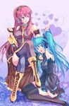  aqua_hair bad_id bad_pixiv_id boots crossed_legs detached_sleeves hatsune_miku headset highres knee_boots leash long_hair megurine_luka multiple_girls pico_(picollector79) sitting skirt tears thighhighs twintails very_long_hair vocaloid 