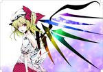  alternate_costume alternate_wings atoshi back bare_back blonde_hair bow casual dress fang flandre_scarlet gradient_hair hair_bow happy hat highres large_bow looking_back multicolored multicolored_eyes multicolored_hair open_mouth polka_dot red_eyes ribbon short_hair side_ponytail smile solo stained_glass touhou wings yellow_eyes 