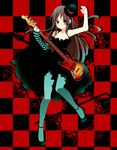  8055 akiyama_mio asymmetrical_clothes bangs bare_shoulders bass_guitar black_hair blue_legwear blunt_bangs breasts cane checkered cleavage detached_sleeves don't_say_&quot;lazy&quot; dress facepaint gloves grey_eyes hat hime_cut instrument k-on! long_hair medium_breasts mini_hat mini_top_hat pantyhose plectrum single_glove solo striped top_hat 