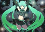  aqua_eyes aqua_hair armpits arms_up gradient_hair hatsune_miku lens_flare long_hair midriff multicolored_hair neon_trim open_mouth skirt slender solo thighhighs tsujisaki_(coa3) twintails very_long_hair vocaloid zettai_ryouiki 