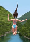  ass bad_id bad_pixiv_id barefoot bikini black_hair clenched_hands day falling feet from_behind isozaki_bebebe jumping long_hair nature original ponytail river scenery side-tie_bikini sky solo swimsuit 
