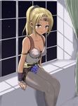 bare_shoulders blonde_hair blue_eyes breasts cleavage crown final_fantasy final_fantasy_iv long_hair looking_at_viewer medium_breasts pantyhose ponytail regdic rosa_farrell sitting_in_window smile solo window windowsill 