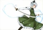  absurdres black_hairband bow dual_wielding ghost hair_ribbon hairband highres holding katana konpaku_youmu konpaku_youmu_(ghost) red_eyes ribbon rokuwata_tomoe short_hair silver_hair simple_background skirt solo sword touhou weapon 
