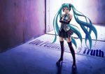  aqua_hair blue_eyes boots crossed_arms detached_sleeves frown full_body hatsune_miku headphones high_heels legs long_hair necktie shoes skirt solo thigh_boots thighhighs twintails vocaloid wokada zettai_ryouiki 