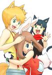  alternate_costume animal_ears azuma_yukihiko bad_id bad_pixiv_id blonde_hair blue_eyes brown_hair bunny_ears bunny_tail cat_ears fang gloves green_eyes haruka_(pokemon) hikari_(pokemon) hug kasumi_(pokemon) kemonomimi_mode multiple_girls pokemon pokemon_(anime) red_scarf scarf short_hair tail 