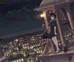  animal armcho bell black_cat black_eyes black_hair bow broom cat city dress hair_bow hair_ribbon jiji_(majo_no_takkyuubin) kiki lamp leaning majo_no_takkyuubin night night_sky radio rain ribbon sky wind 