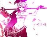  fingerless_gloves gloves hair_ribbon iroha_uta_(vocaloid) japanese_clothes kagamine_rin katana midriff monochrome older petals pink rajiwo ribbon sarashi short_hair smile solo sword vocaloid weapon 