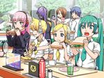  5girls business_suit eating eggplant food formal gahaku green_hair gumi hatsune_miku highres kagamine_len kagamine_rin kaito kamui_gakupo megurine_luka meiko multiple_boys multiple_girls multitasking mustard octopus restaurant sandwich school_uniform spring_onion suit twintails vocaloid 